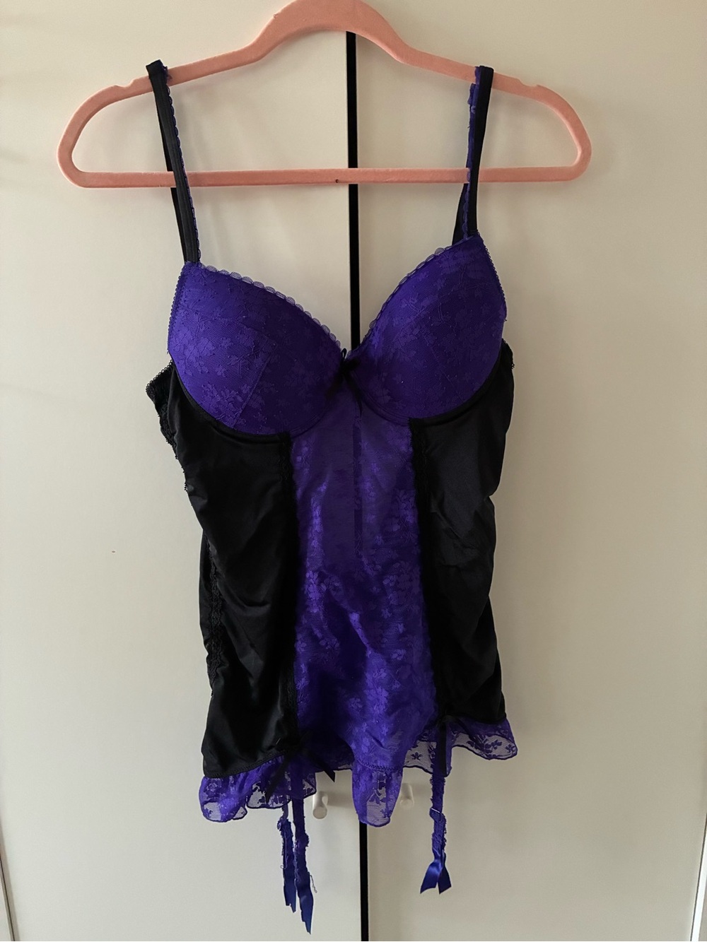 La Vie En Rose Purple and Black Lace Chemise with Garters